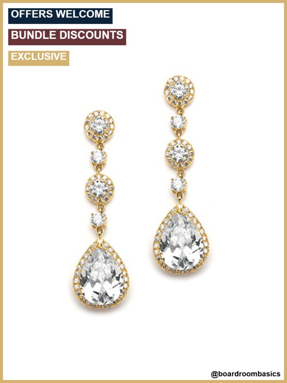 CZ Dangle Drop Earrings 14KT Gold Plated Clip On Wedding Bridal 2.25"